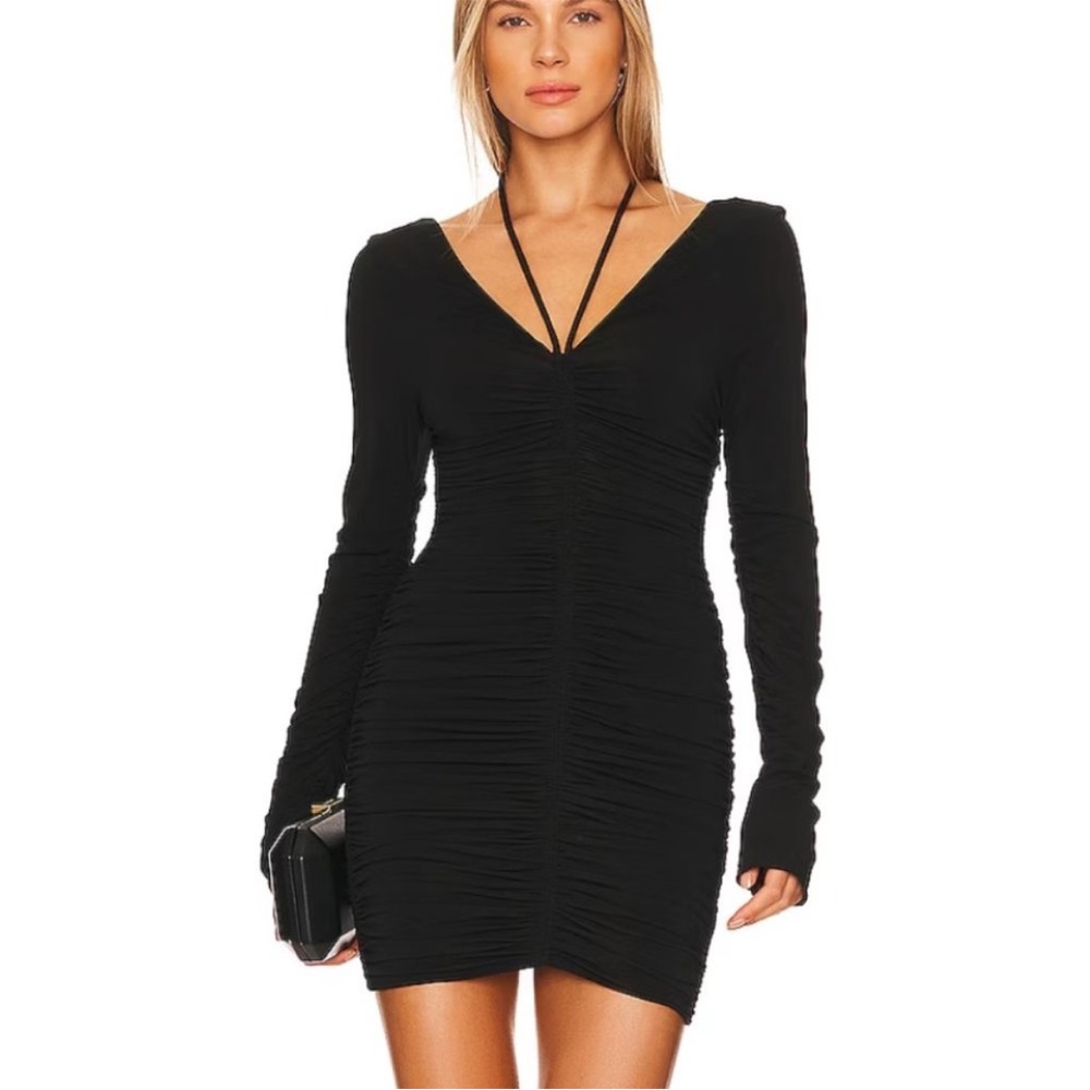 A.L.C Violet Ruched Stretch Jersey Long Sleeve Black Mini Dress Sz M